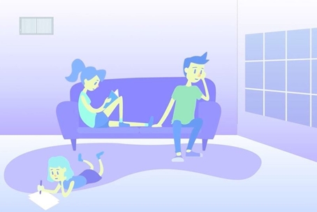cartoon family hanging out in living room
