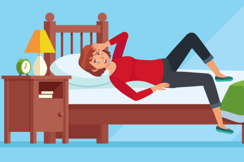 Video - How Can I Make My Home More Comfortable? Image is an animation of a woman wearing a red shirt and jeans laying on a bed with the sheets off in a blue room.